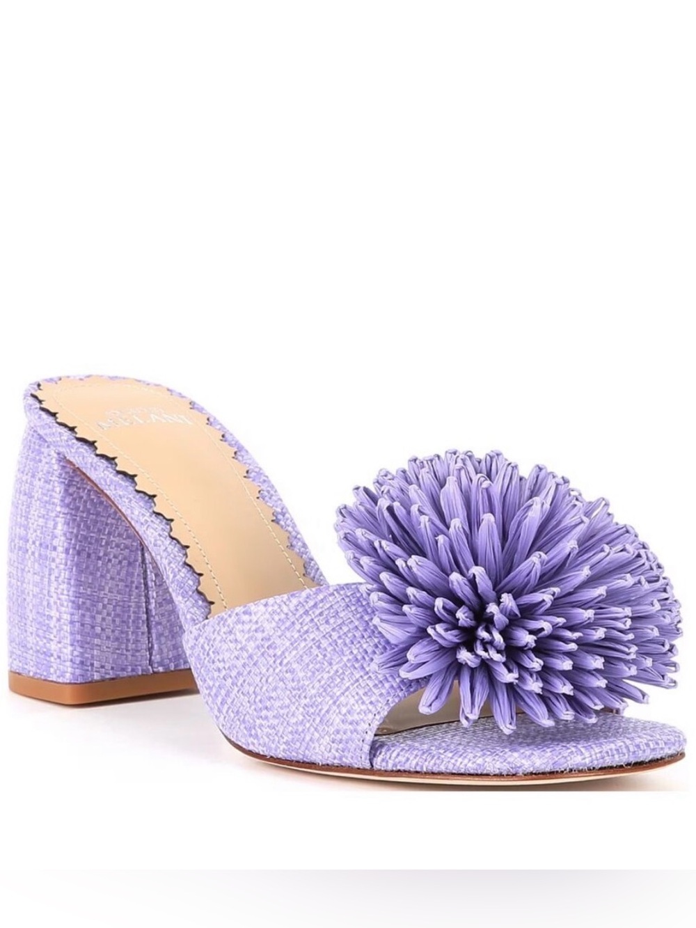 ANTONIO MELANI Lavender Floral Pom-Pom Block Heel Sandals